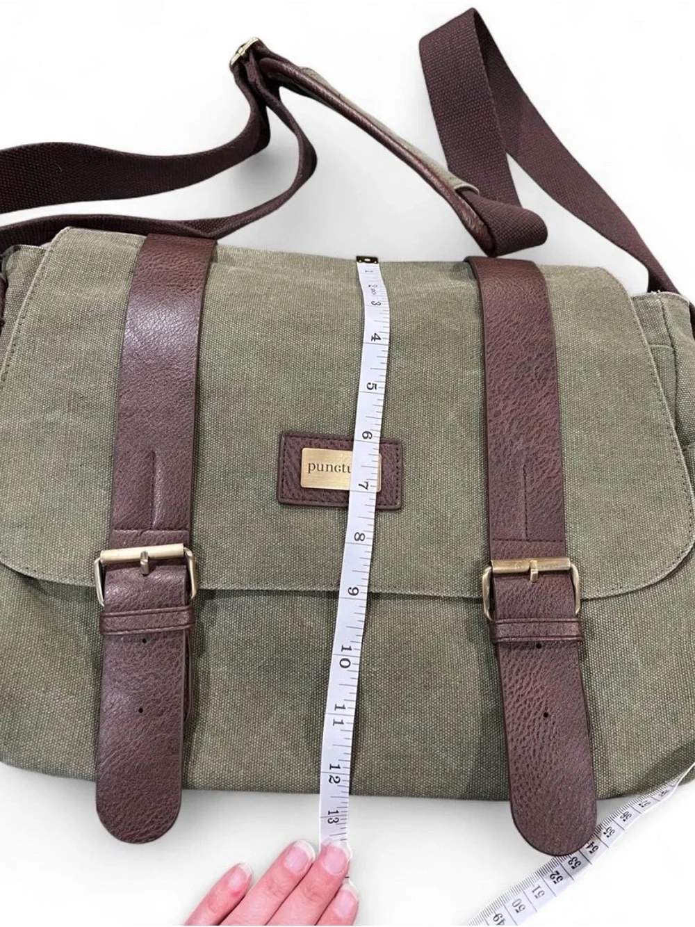 Punctuate Olive Green Canvas Messenger Bag with Brown Trim